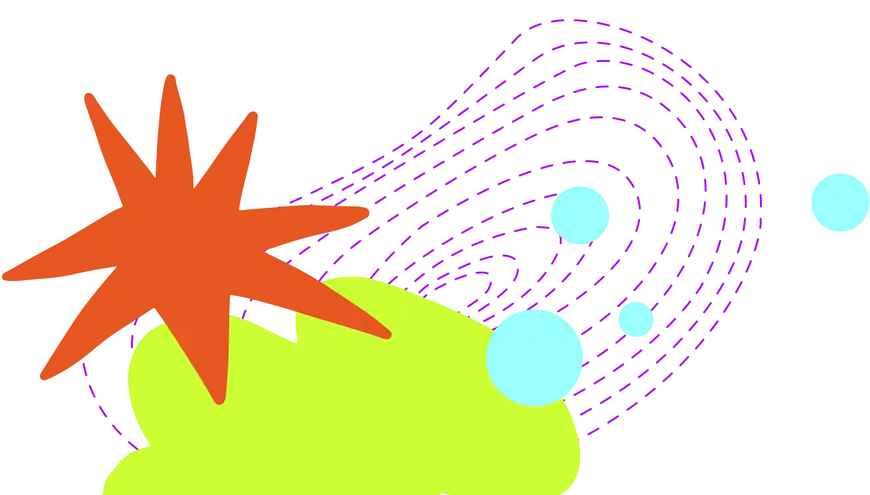 footer image, clouds (teal), start (orange), planets (teal), swirl orbits (purple)